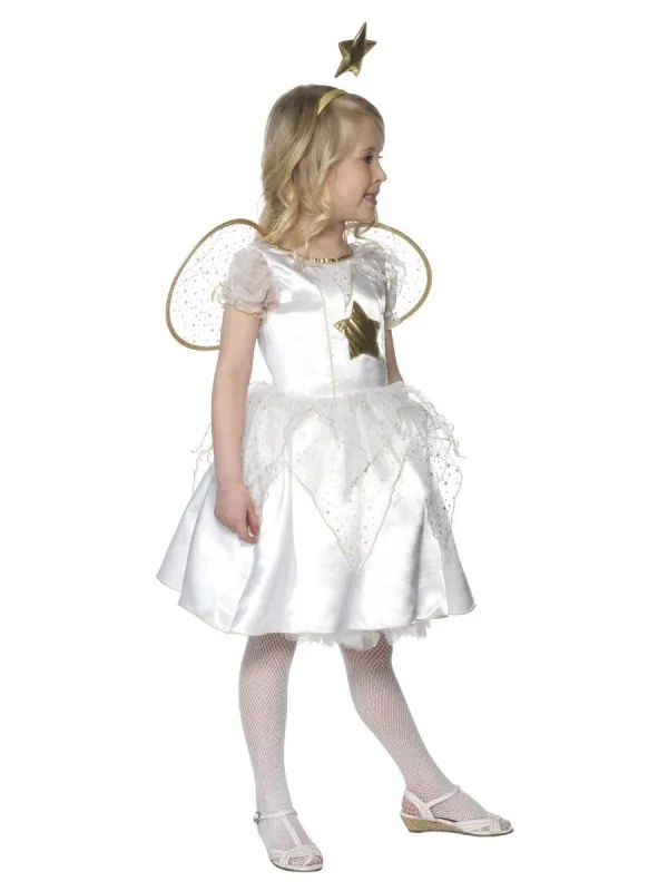 Déguisement ange fillette blanc et or (robe, serre-tête et aile)