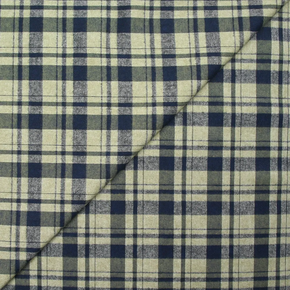 Flanelle de coton à carreaux marine, kaki et blanc