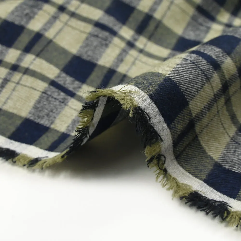 Flanelle de coton à carreaux marine, kaki et blanc