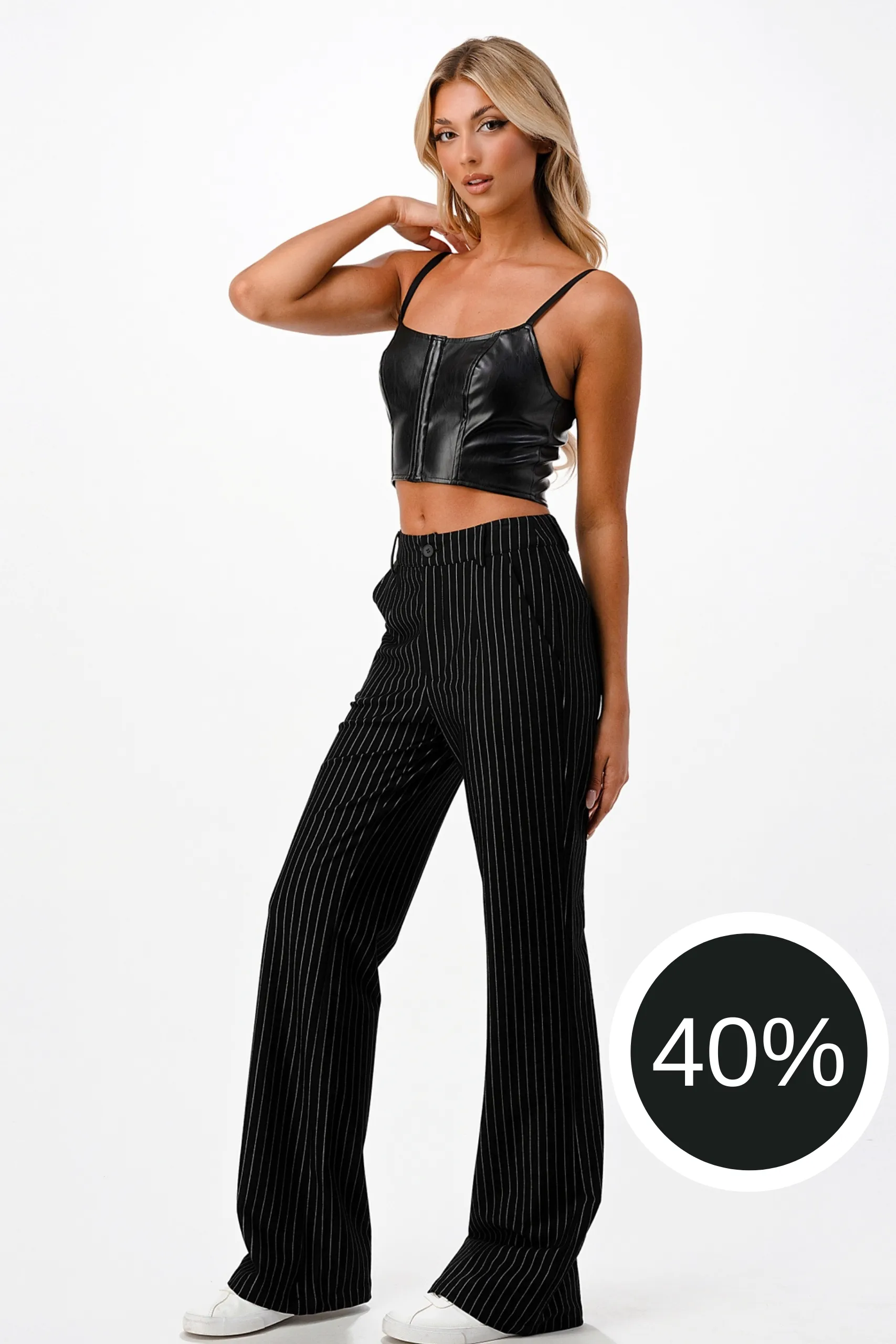 Pantalon Droit Taille Haute A Rayures