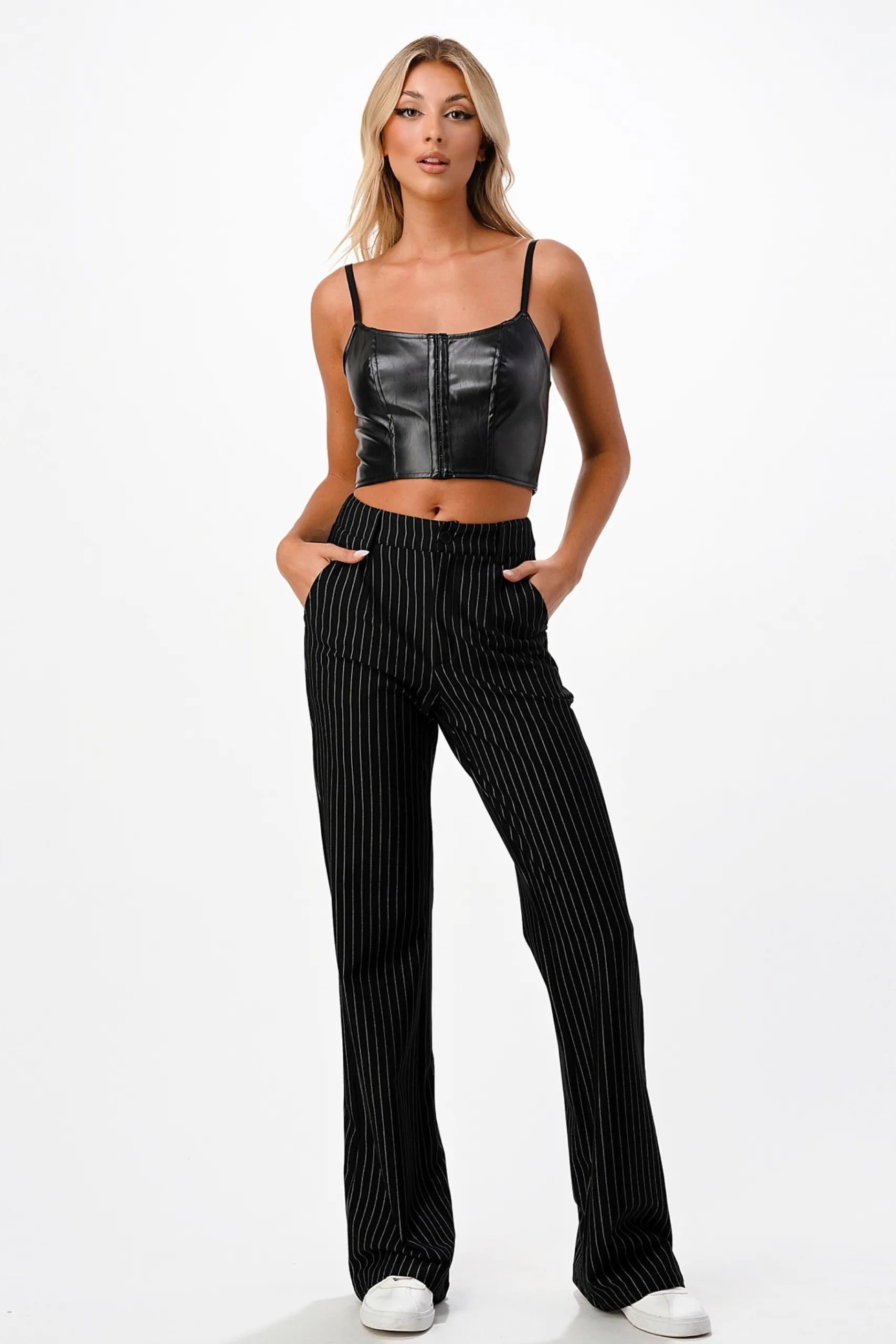 Pantalon Droit Taille Haute A Rayures