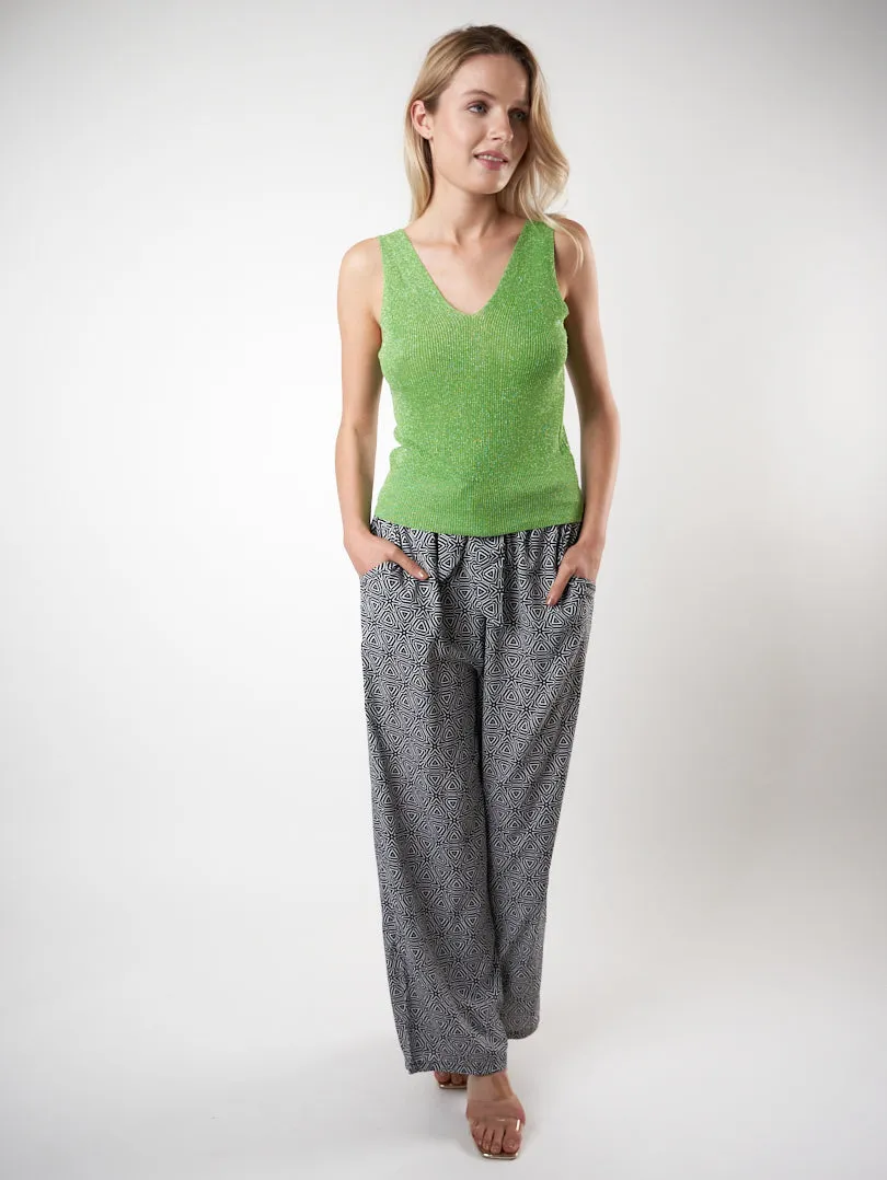 Pantalon fluide ceinture nouée, motifs mer