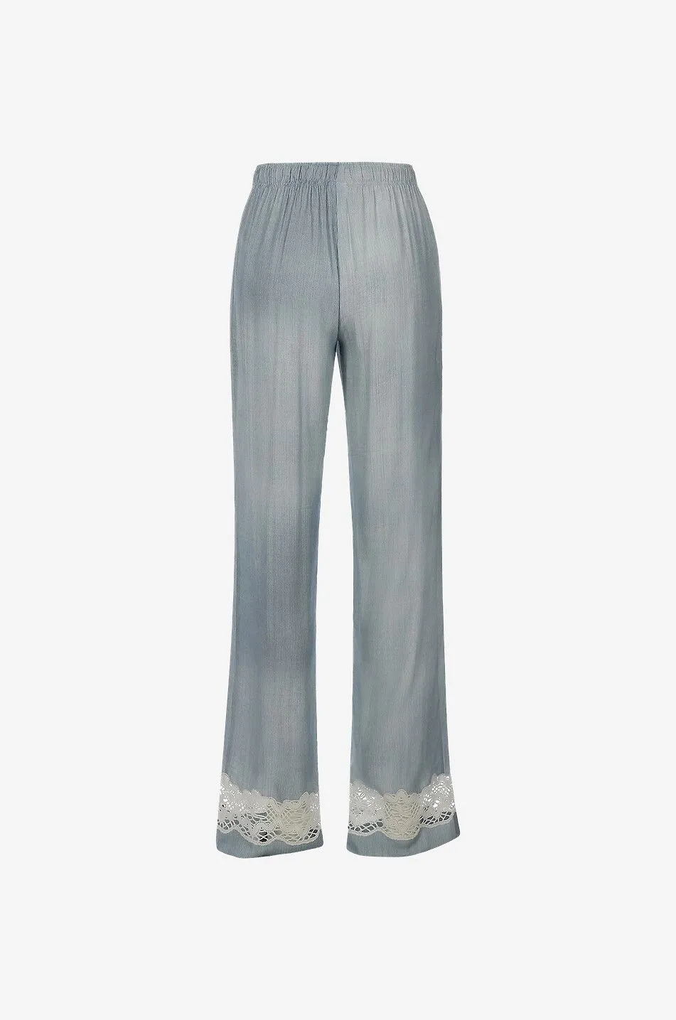 Pantalon rayé fluide orné de dentelle crochet