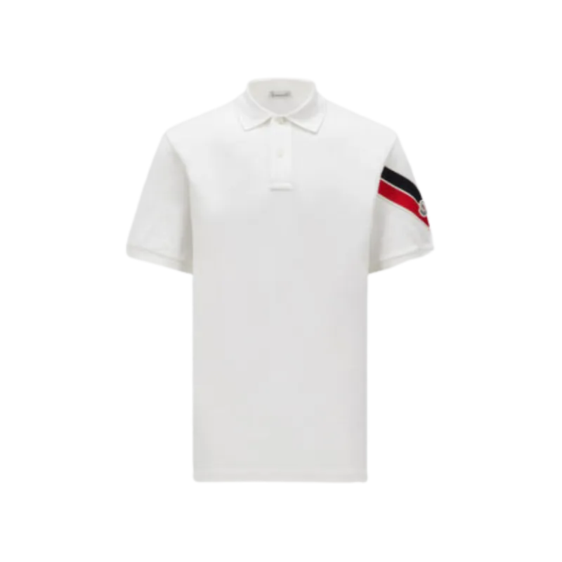 Polo ample coton piqué blanc bande tricolore manche