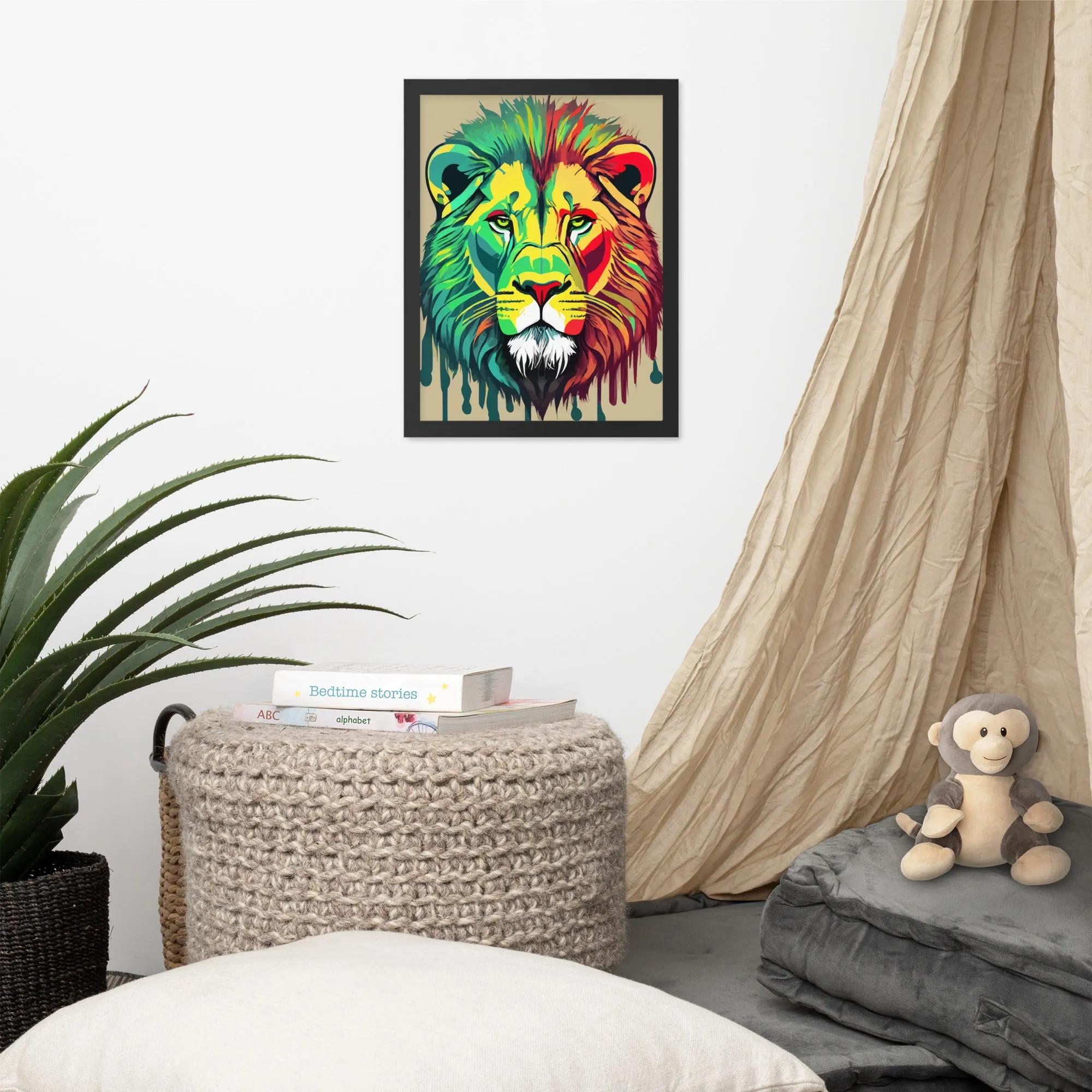 Poster en Papier Mat Encadré Lion Vert, Jaune et rouge 2
