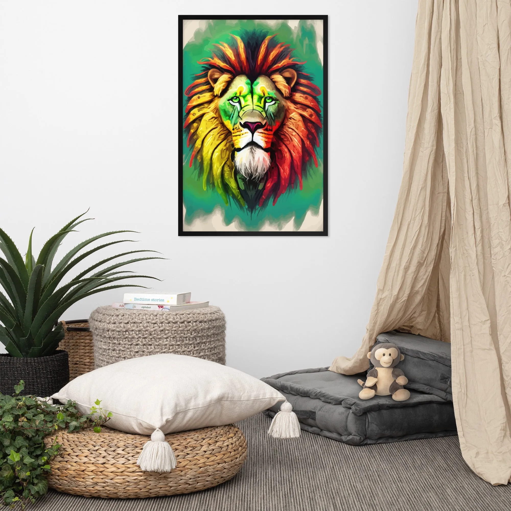 Poster en Papier Mat Encadré Lion Vert, Jaune et Rouge