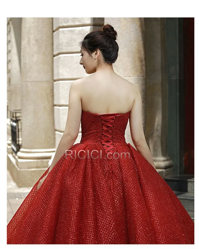 Robe Quinceanera Scintillante Rouge Longue Dos Nu Robes De Bal Robe De Ceremonie Glitter Bustier Tulle