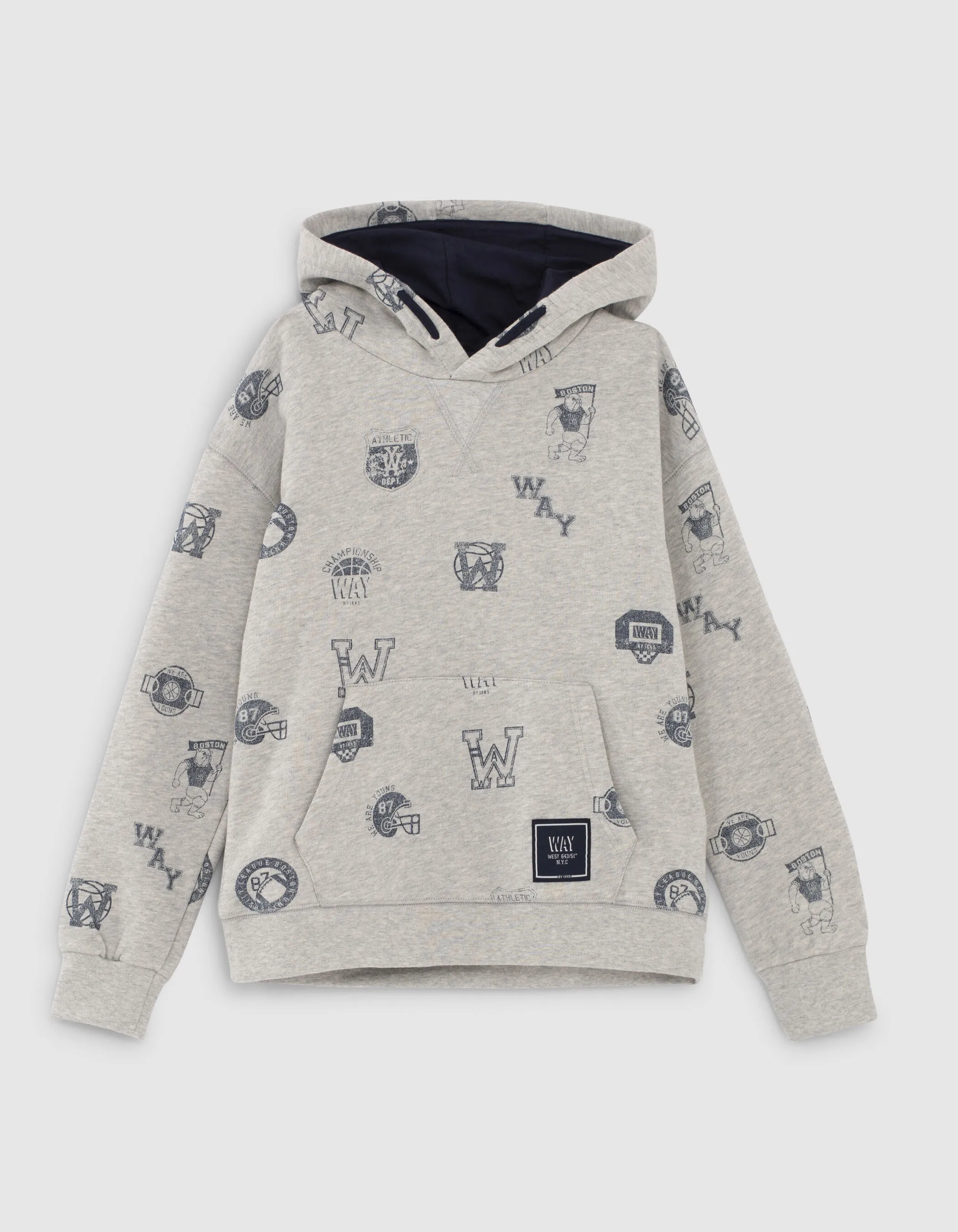Sweat loose gris chiné visuels tampons College garçon 