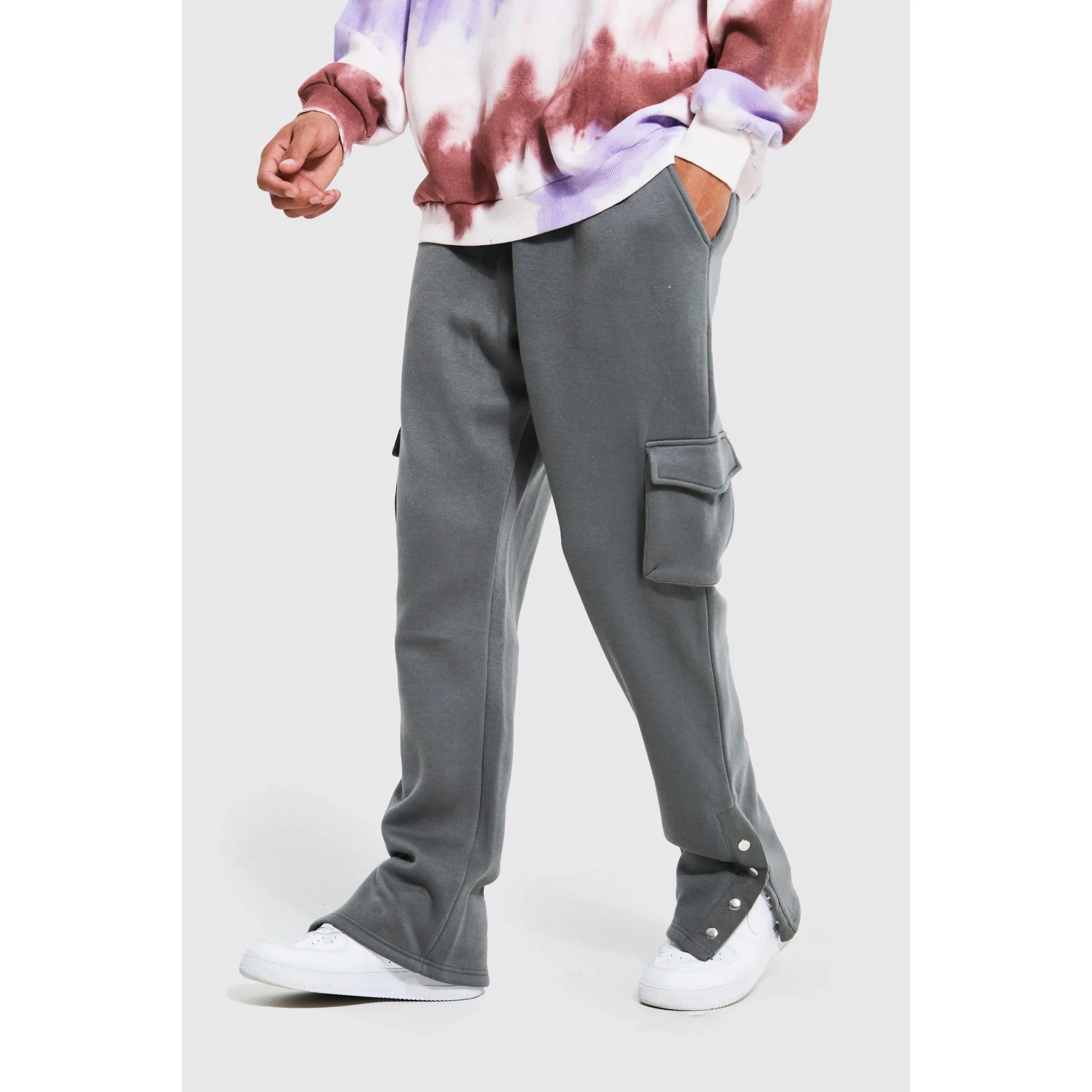 Tall – Jogging cargo côtelé à ourlets fendus – Gris anthracite