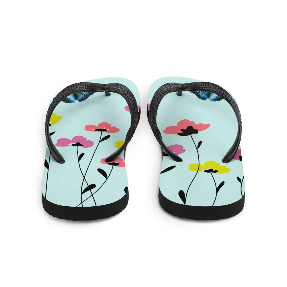 Tongs Fleurs rouges et jaune, papillon bleu