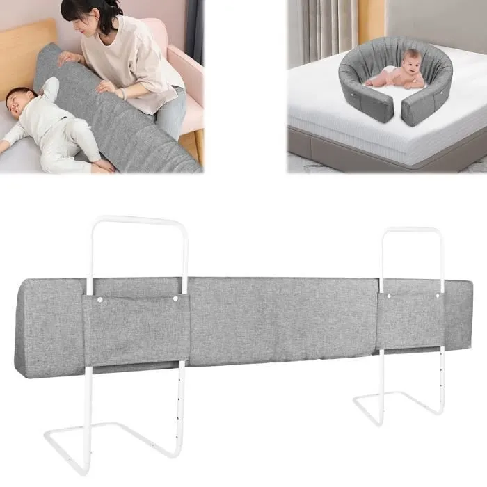 XMTECH 150cm Barrière de Lit Bébé Softpack Hauteur Réglable Protection Lit Anti-chute Garde de Lit pour Enfant Gris